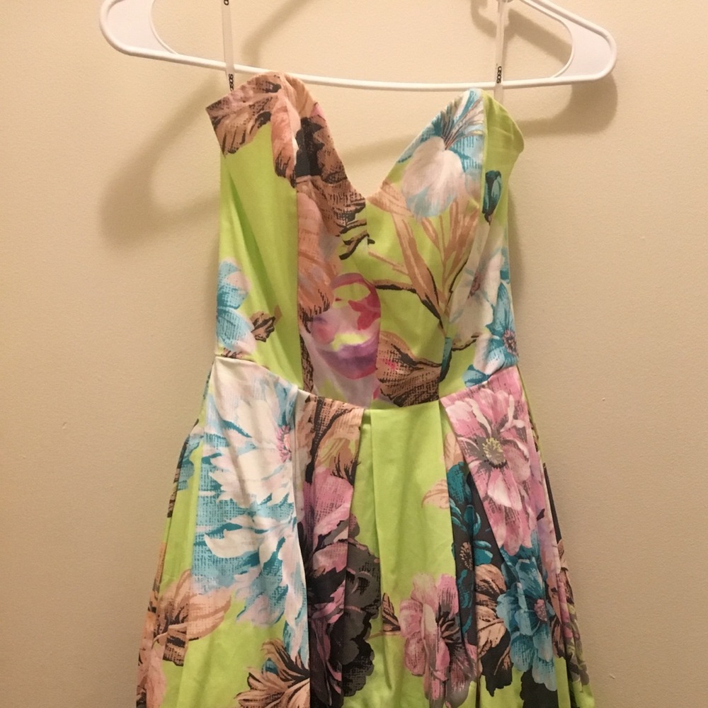 Strapless, midi floral and lime green dress!